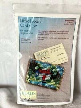 Little House Card Case Beaded Single Crochet 2.5x3.5" Beads East by Ann Benson